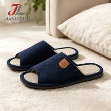 1 Pair Fashionable New Couple's Slippers, Slip-On Comfortable Warm Quiet Slippers With Rhombus Jacquard Fabric Embroidery, Suitable For Home Wear In Spring, Summer And Autumn - Blue - View 5
