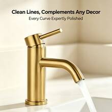 1pc Brushed Golden Stainless Steel Single Handle Hot Cold Mixer Tap, Water Saving Curved Spout Luxury Washbasin Faucet With Complete Installation Hardware, Brushed Metal Finish Elegant Tap For Home Bathroom Vanity - Multicolor - View 8