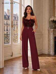 Burgunderroter Jumpsuit mit Federbesatz, Herz-Ausschnitt und weitem Bein, mit Gürtel, elegantes Party- & Abendoutfit - Bordeaux - Übersicht 4