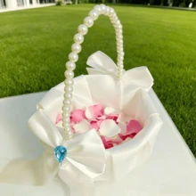 1/2個蝴蝶結仿珍珠婚禮花籃－白色蝴蝶結花籃、緞面花籃，適用於婚禮裝飾、新年禮物、裝飾禮品，含100片粉色仿玫瑰花瓣、100片白色仿玫瑰花瓣 - 彩色 - 查看 12