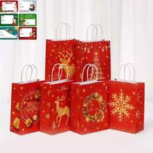 36/72/114pcs Christmas Gift Packaging Bags In Red, Party Hand-Held Gift Bags, Reindeer Snowflake Christmas Wreath Design Kraft Paper Bags, Suitable For Holiday Decorations Such As Anniversaries, With Christmas Stickers - Multicolor - View 1