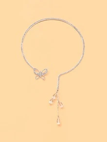 FAAABULS 1pc Women's Silver Rhinestone Butterfly Y-Shaped Necklace, Asymmetric Tassel Dangle Choker, Suitable For Wedding, Party, Date And Vacation Wear - Butterfly - View 5