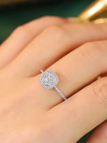 S925 Sterling Silver Geometric Square Ring With Zirconia Stone, Luxury Jewelry Gift For Her - Silver - View 5