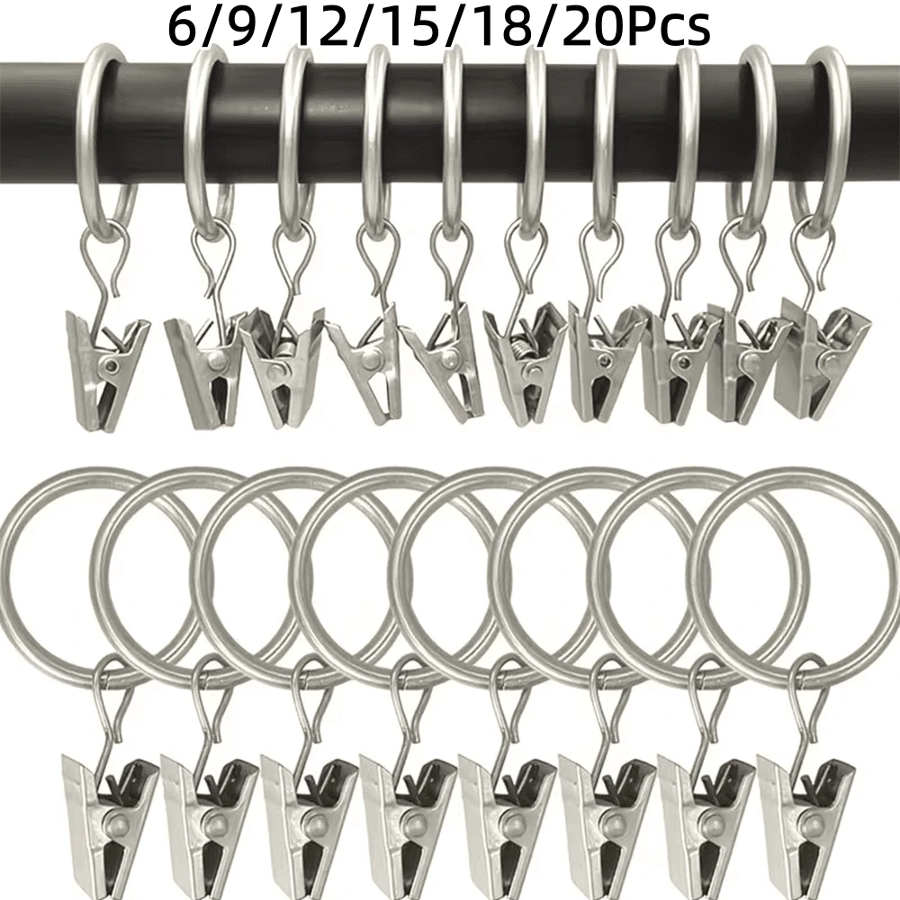 6/9/12/15/18/20Pcs Silver Curtain Rings With Clips, Inner Diameter 2.5cm/0.98inch, Multi-Functional Hooks For Hanging Curtains, Bows And Hats, Suitable For Various Rod Sizes, Perfect For Home Decor