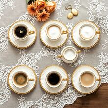 6pcs European Style Porcelain Espresso Cup And Saucer Set With Gold Rim, 3.4 Oz Small Ceramic Demitasse Coffee Cups, Vintage White Tea Cup Set For Latte, Party & Home Decor - White and Gold - View 2