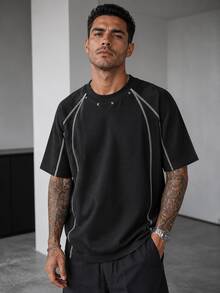 Blueprint Man 1pc Men's Black Waffle Knit Texture Contrast Stitch Rivet Short Sleeve T-Shirt, Loose Slimming Design, American Street Casual Style, Daily Summer - Black - View 5