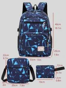 Dedoo 3件組 900D 印花後背包，3合1大容量學生書包，大學風，可放入15.6吋筆電，大學旅行包，必備款 - 藍色 - 查看 7