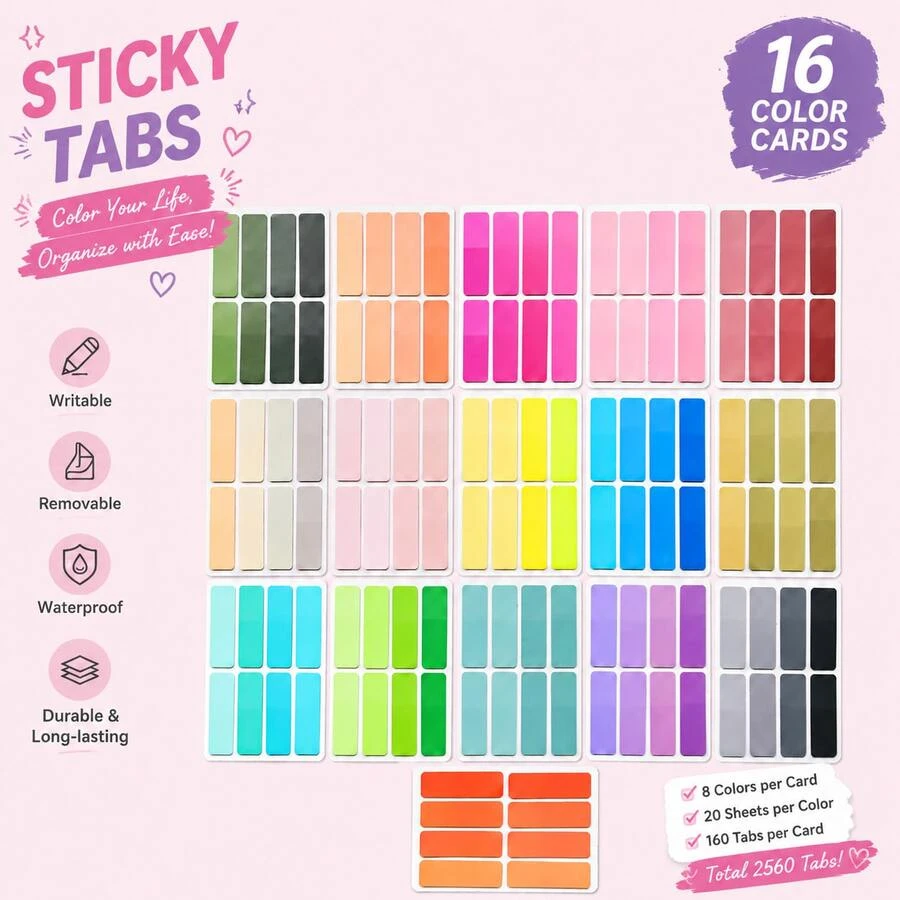 2560 Pcs / 16 Sheets Colorful Sticky Index Tabs, Writable & Waterproof Page Markers, Aesthetic Translucent Book Tabs, Sticky Notes For Reading, Books, Planners, Office & School Supplies,Back To School Season - one-size - View 1