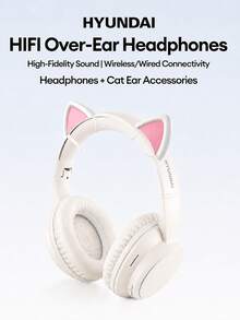 HYUNDAI HY-T02MAX頭戴式藍牙耳機搭配貓耳朵配件，5.4HIFI高清音質重低音通話精準降噪音樂運動遊戲低延遲長續航商務頭戴式耳機通用手機平板電腦 - 米色+貓耳朵 - 查看 13