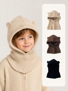 1 buah Topi Balaclava Rajut Bergaris Telinga Beruang untuk Anak-Anak, Penghangat Leher Tebal dan Hangat untuk Anak Laki-Laki dan Perempuan, Musim Dingin - Beraneka warna - View 1