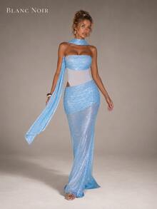Women's Light Blue Strapless Sequin Mesh Maxi Evening Dress With Draped Scarf, Ruched Hip & Side Cutout, Bodycon Mermaid Formal Gown - Light Blue - View 8