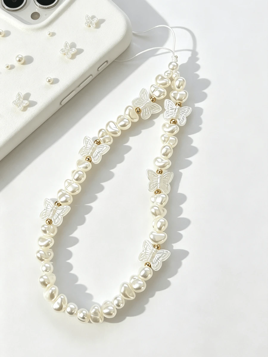 1pc Fashion Minimalist Faux Pearl Butterfly Asymmetric Anti-Pearl Beaded Phone Lanyard - White - View 1