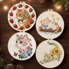 1 buah Kit Sulam Kucing Lucu Ukuran 20*20cm/7.9*7.9in, Set Sulam Buatan Tangan DIY untuk Pemula Dewasa, Hadiah Rumah, Hadiah Menjahit Wanita, Termasuk Panduan Pengguna, Kain Pola Cetak, Bingkai Sulam, Jarum dan Benang. - Kucing-kucing lucu - View 3