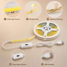 LQHZMYY 1pc LED Light Strip With Hand Sweep Sensor Switch, No Spot COB Flexible LED Light Strip, Gesture Wave Sensor Switch, No Touch Required, Warm White 3000K, Low Voltage 5V, USB Powered, Suitable For Cabinet, Wardrobe, Kitchen Lighting, Mirror, TV Background, Home Lighting, Space Main Image, Christmas Holiday Party Decoration - Warm white light - View 7