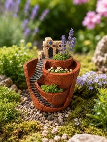 Mehrstöckiger Sukkulenten-Pflanzgefäß, Schloss- und Treppendesign, Harz Mehrkammer Blumentopf, kreativer Mikro-Landschafts-Pflanzcontainer, geeignet für Kakteen, Kräuter, kleine Blumen, Innen-/Außenbereich Schreibtisch Balkon Garten Dekoration Geschenk - Rotes kleines Lehmhaus - Übersicht 11