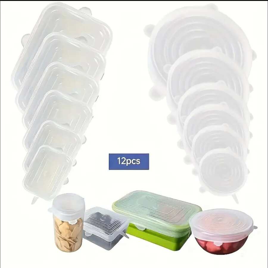6/12pcs (6 Round + 6 Rectangular) Silicone Stretch Lids, Reusable Food Storage Bowl Covers, Dishwasher And Freezer , Fits All Types Of Bowls And Containers, Kitchen Supplies (2 Styles Of Lid Edges Randomly Shipped)