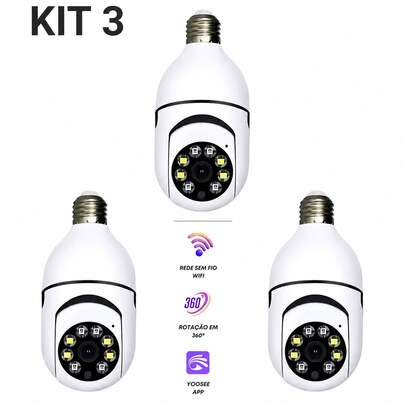 kit 3 câmera segurança wi-fi ip sem fio 360 encaixe lampada aplicativo yoosee ptz full HD visão not