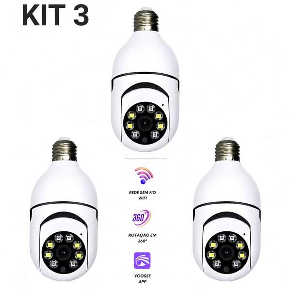kit 3 câmera segurança wi-fi ip sem fio 360 encaixe lampada aplicativo yoosee ptz full HD visão not
