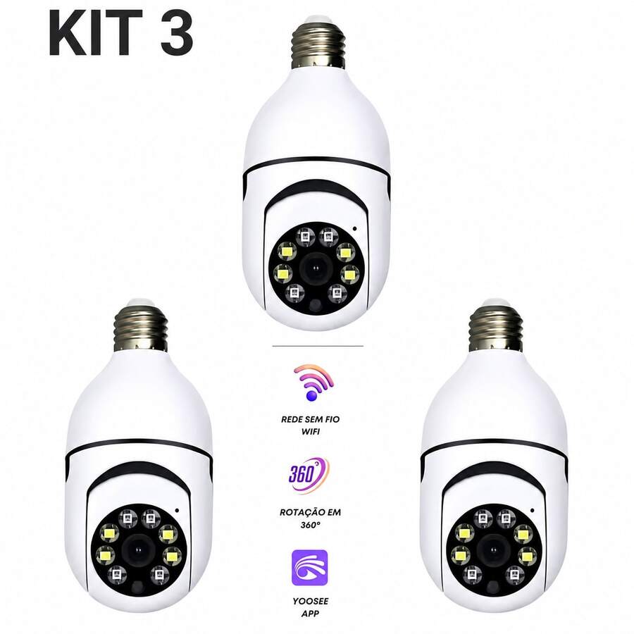 kit 3 câmera segurança wi-fi ip sem fio 360 encaixe lampada aplicativo yoosee ptz full HD visão not - Preto e Branco - Visão 1