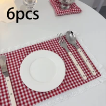 1pc/2pcs/6pcs Korean Ins Style Red Plaid Lace Napkin Placemat Multi-Purpose Dust Cover Food Photography Cloth - Multicolor - View 12