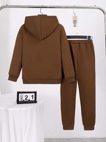 Purechapter 2pcs Tween Boys Geometric Letter Pattern Comfortable Warm Fleece Hoodie Sweatshirt And Sweatpants Set, With Pockets, Oversize, Suitable For Outdoor Commute Sports Wear, Autumn/Winter - Brown - View 2