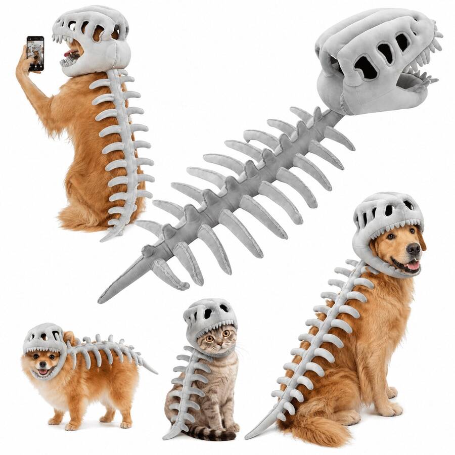 Dinosaur Skeleton Pet Costume, Soft Plush 3D Skull And Spine Halloween Costume For Dogs And Cats, Fun Pet Dress-Up Photo Prop, Suitable For Halloween Parties - Gray - View 1