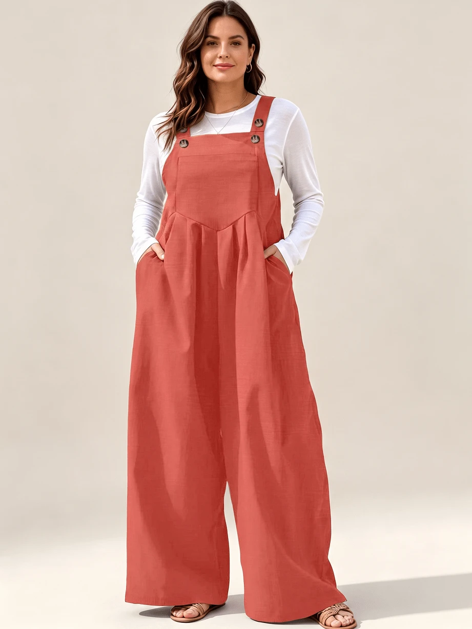 IGKEEL Plus Size Women's Pleated Wide Leg Casual Solid Color Jumpsuit With Pockets, Spring/Summer