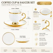 6pcs European Style Porcelain Espresso Cup And Saucer Set With Gold Rim, 3.4 Oz Small Ceramic Demitasse Coffee Cups, Vintage White Tea Cup Set For Latte, Party & Home Decor - White and Gold - View 3