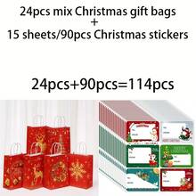 36/72/114pcs Christmas Gift Packaging Bags In Red, Party Hand-Held Gift Bags, Reindeer Snowflake Christmas Wreath Design Kraft Paper Bags, Suitable For Holiday Decorations Such As Anniversaries, With Christmas Stickers - Multicolor - View 12