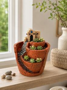 Mehrstöckiger Sukkulenten-Pflanzgefäß, Schloss- und Treppendesign, Harz Mehrkammer Blumentopf, kreativer Mikro-Landschafts-Pflanzcontainer, geeignet für Kakteen, Kräuter, kleine Blumen, Innen-/Außenbereich Schreibtisch Balkon Garten Dekoration Geschenk - Rotes kleines Lehmhaus - Übersicht 4
