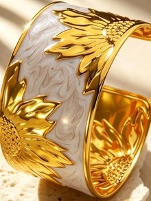 VceTd 1 Set Elegant Style Enamel Craft Floral Stainless Steel Women's Bracelet Suitable For Engagement/Dating - Yellow Gold - View 5