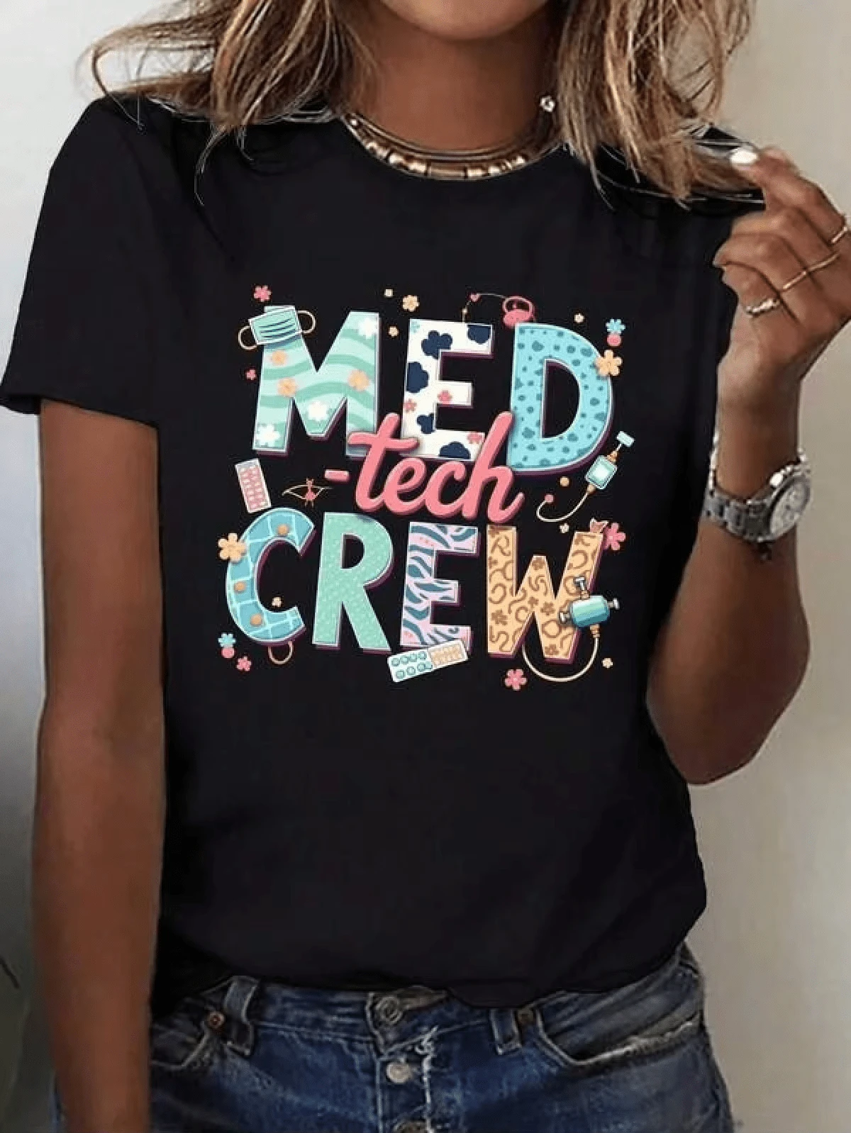 Women's Scrub Top, Medical Technology Pattern, Suitable For All Seasons, Top, Unisex - 黑色 - 查看 1