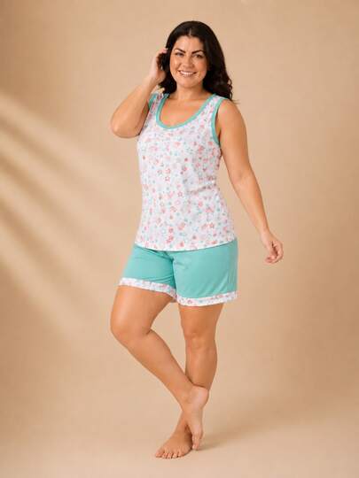 Pijama Feminino Regata Bermudoll Verão Senhora Short Doll Malha Confortável