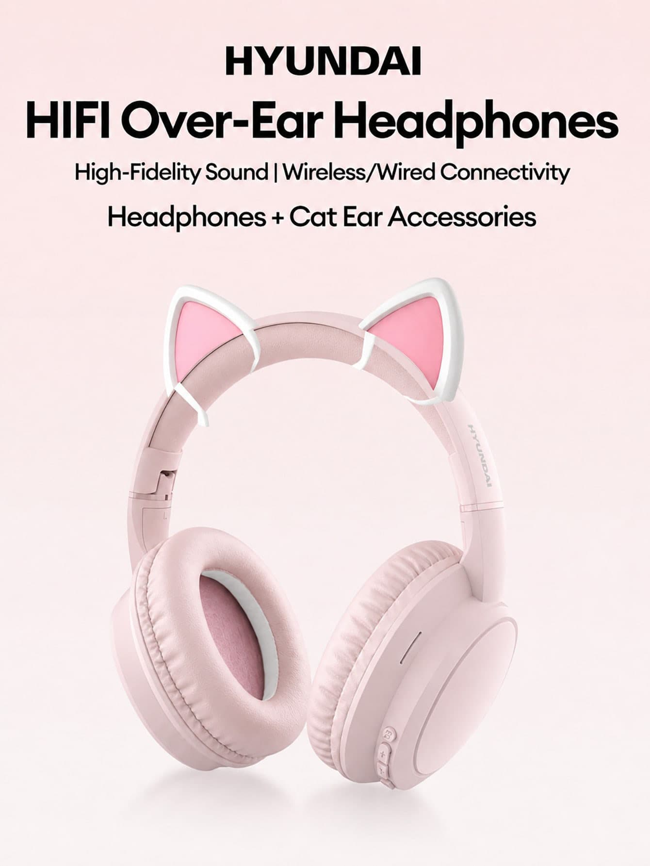 HYUNDAI HY-T02MAX頭戴式藍牙耳機搭配貓耳朵配件,5.4HIFI高清音質重低音通話精準降噪音樂運動遊戲低延遲長續航商務頭戴式耳機通用手機平板電腦 - 粉紅色+貓耳朵 - 查看 1