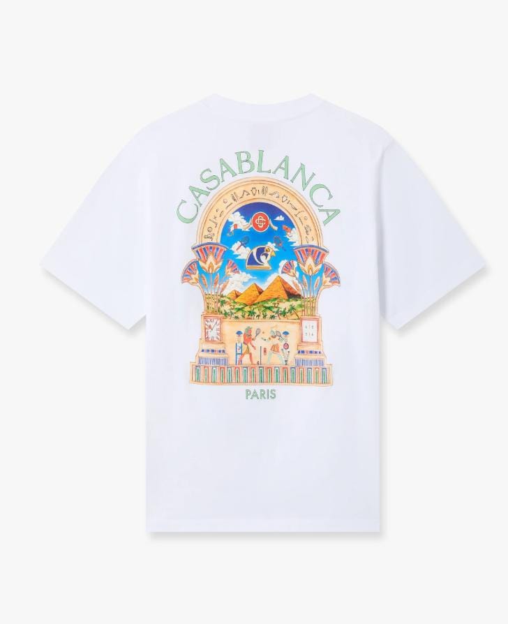 Casablanca Paris 1 Pc Unisex Casual 100% Cotton T-Shirt With Egyptian Pyramid Arch Back Print, Streetwear And Travel, Summer, Vintage Style, Unisex T-Shirt - White - View 1