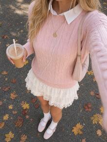 Women's Preppy Pink Cable Knit Sweater, Long Sleeve Regular Length Pullover, Medium Stretch Knit Top, Suitable For Autumn Wear Vacation - Pink - View 3
