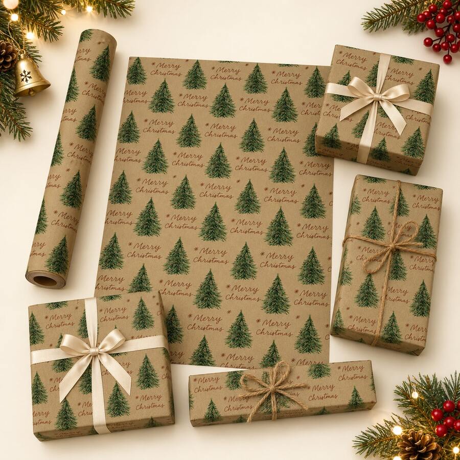 5m Roll Wrapping Paper DIY Christmas Gifts, Christmas Tree Pattern Vintage Artistic Style, "Merry Christmas" Text, Single-Sided Kraft Paper 43cm*500cm, Thickened Gift Wrapping Paper, Suitable For Christmas Gifts, Birthday Gifts, Celebration Parties, Family Gatherings, Holiday Gifts For Men And Women - Christmas Text-5m - View 1