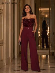 Burgunderroter Jumpsuit mit Federbesatz, Herz-Ausschnitt und weitem Bein, mit Gürtel, elegantes Party- & Abendoutfit - Bordeaux - Übersicht 9