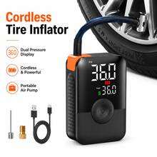 Carsun Portable Cordless Tire Inflator With Dual Digital Display, 22mm Alloy Cylinder Air Compressor, LED Light, USB Rechargeable, Hidden Side Accessory Storage For Car, Motorcycle, Bike & Balls - Wireless - View 1