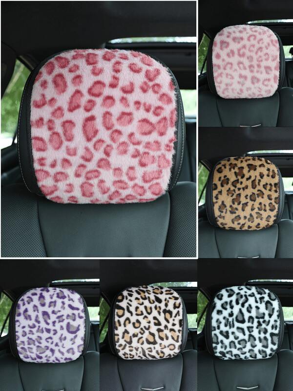 Fuzzy Leopard Print Car Headrest Cover, Soft Faux Rabbit Fur Universal Auto Seat Head Rest Protector Cover, Fashion Leopard Pattern Car Interior Decor Accessories For Women