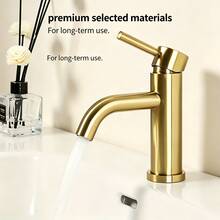 1pc Brushed Golden Stainless Steel Single Handle Hot Cold Mixer Tap, Water Saving Curved Spout Luxury Washbasin Faucet With Complete Installation Hardware, Brushed Metal Finish Elegant Tap For Home Bathroom Vanity - Multicolor - View 9