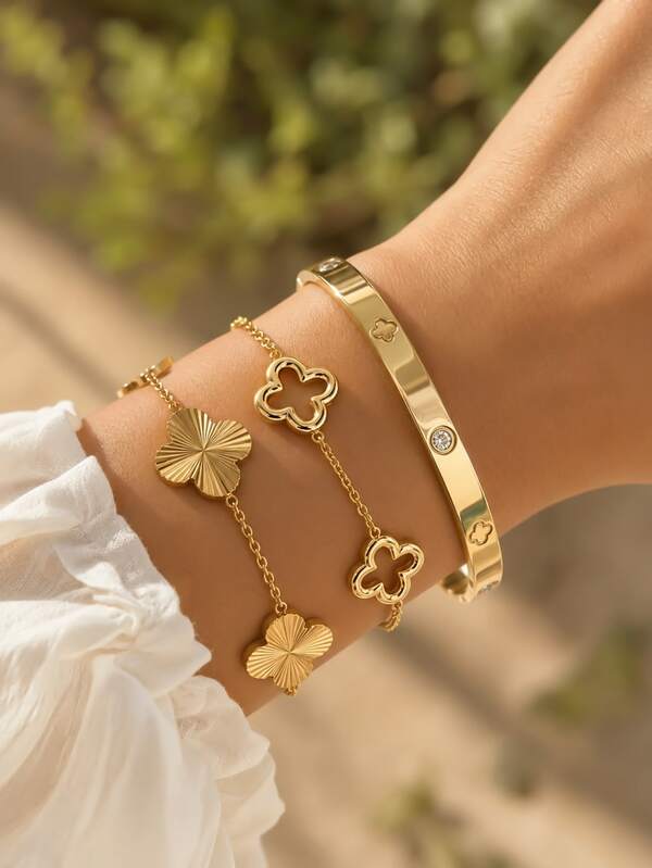 1/3pcs Fashion Stainless Steel Women's Flower Rhinestone Bracelet Set, Suitable For Daily Wear, Holiday Gift, Fashion Women's Bracelet Set