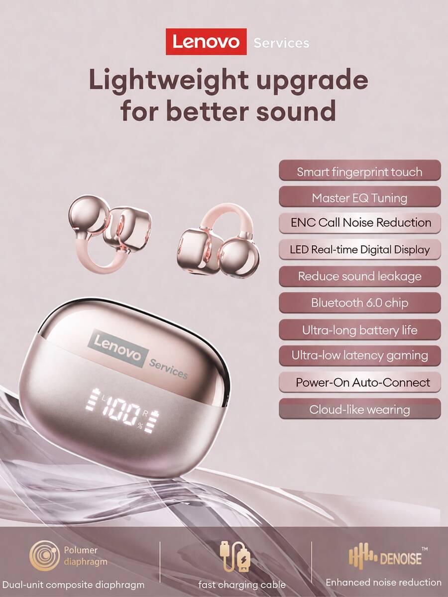 Lenovo 联想 RS119 时尚蓝牙耳机，LED 电量显示，高品质音效，适合日常音乐聆听；低延迟，畅享游戏体验；超长续航；佩戴舒适；小巧便携，兼容安卓、iOS、PC 系统，是馈赠佳品。