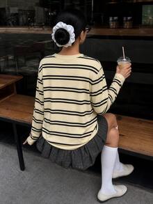 Light Yellow & Black Fine Striped All-Over Print Loose Drop Shoulder Long Sleeve T-Shirt, Energetic Clean Girl Vintage Versatile All-Match Top - Yellow - View 2