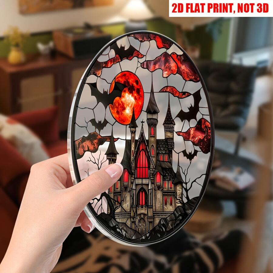2D Flat Gothic Castle Bat Halloween Acrylic Dream Catcher, Translucent Round Hanging Ornament, Suitable For All Seasons, Outdoor, Living Room And Garden Decor, Perfect Christmas And Birthday Gift, Rustic Style Home Decor - A - View 1
