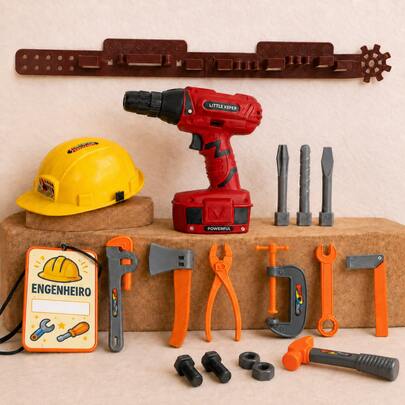 Brinquedo Kit Cinto Ferramentas Infantil + Parafusadeira E Capacete Kit Engenheiro Cinto Ferramenta