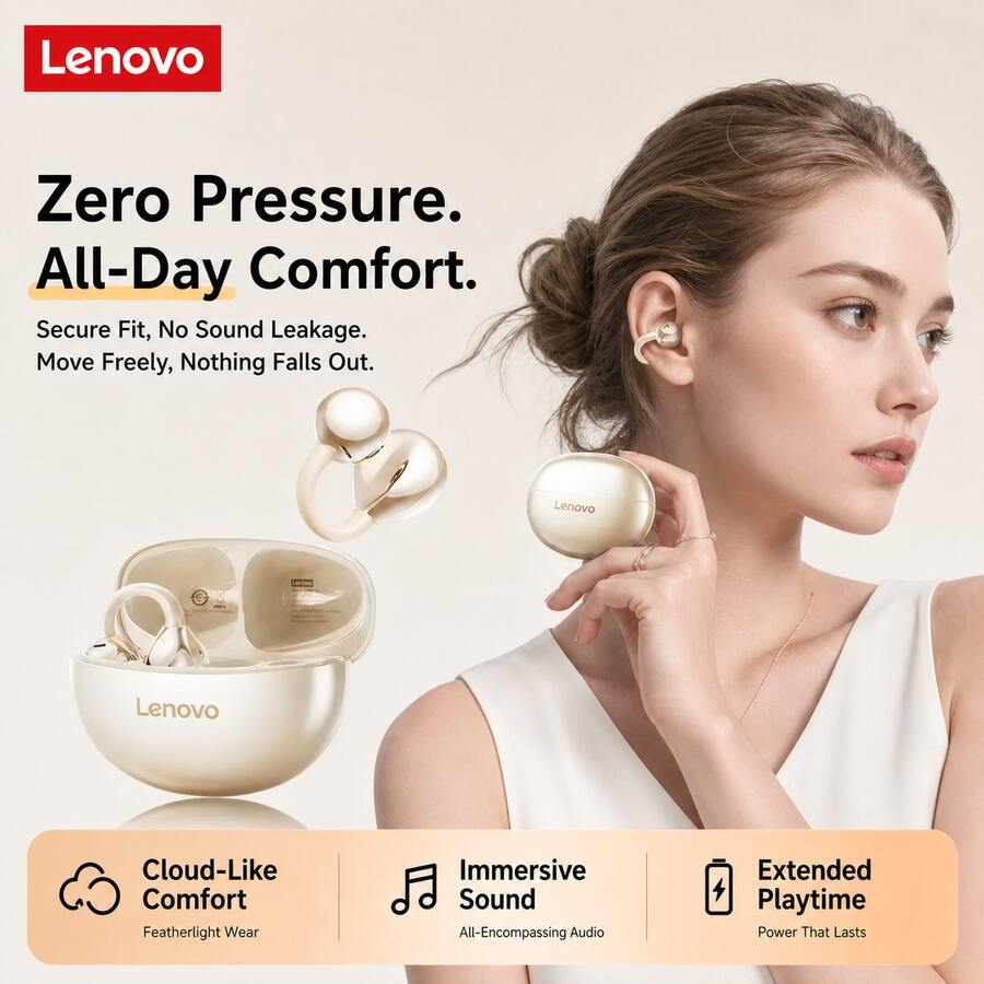 Lenovo -TA410 是一款新型骨传导运动耳夹式耳机，具有超长续航时间和高品质音效。