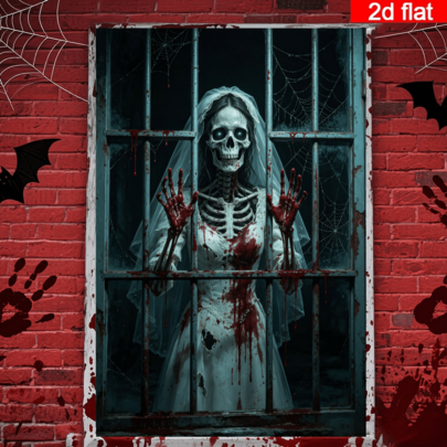 2D Flat Halloween Bride Skeleton Window Backdrop, Blood-Stained Wedding Dress Skeleton Bride Peering Through Broken Window, Featuring Iron Fence, Spider Web And Blood Stain Elements, Dark Horror Style, Suitable For Halloween Party, Haunted House Decoration, Wall Decor, Photography Background, Durable Polyester Material Odorless, Fits Indoor And Outdoor Multiple Scenes, Easily Create Ultimate Horror Atmosphere, No Power Needed To Create Halloween Horror Effect, Add Thrilling Atmosphere To Various Halloween Themed Events, Premium Choice For Haunted House Decoration