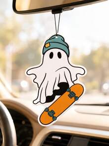 1pc Cool Skateboard Ghost Halloween Car Air Freshener, Hanging Long-Lasting Fragrance Aromatherapy Pad, Lightweight Durable Mirror Pendant, Spooky Car Decor, Multi-Purpose Closet Office Storage Cabinet Ornament, Suitable For Male And Female Drivers Holiday Gift - A - View 1