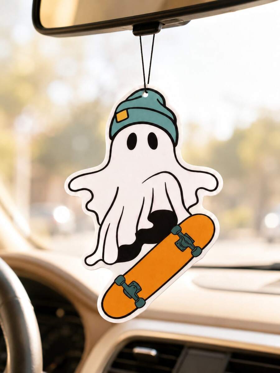 1pc Cool Skateboard Ghost Halloween Car Air Freshener, Hanging Long-Lasting Fragrance Aromatherapy Pad, Lightweight Durable Mirror Pendant, Spooky Car Decor, Multi-Purpose Closet Office Storage Cabinet Ornament, Suitable For Male And Female Drivers Holiday Gift - A - View 1